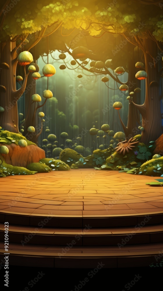 Poster a magical forest clearing with a wooden platform and steps, perfect for displaying products or chara
