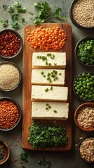 Vegan protein options, lentils, tofu, quinoa, flat design illustration