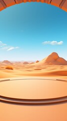 Naklejka premium A minimalist platform overlooking a golden desert landscape with a blue sky and puffy clouds.