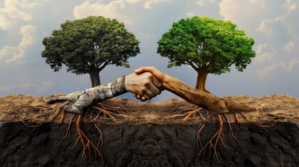 Tree Roots Handshake: Symbol of Unity and Cooperation