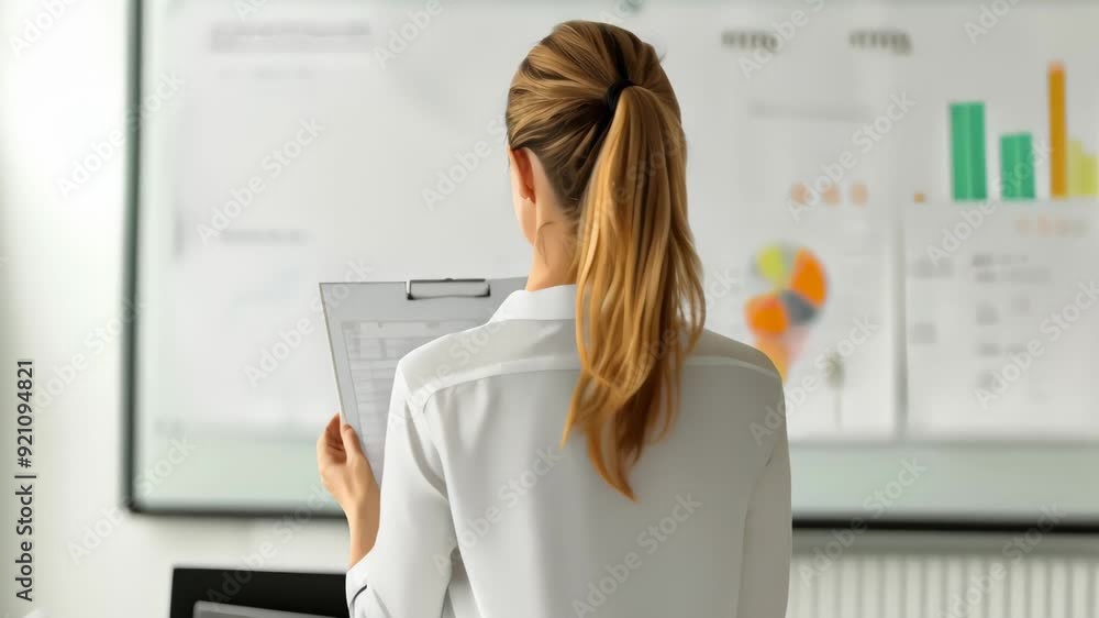 Poster Businesswoman analyzing data on a clipboard while standing in front of a presentation with charts and graphs. business analysis, data-driven decisions, and corporate strategy. 