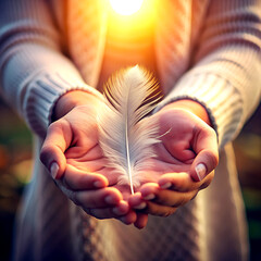 a introvert woman holds a feather in her hands.