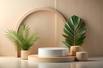 3d render of minimal product display podium with tropical leaves. Mock up for design
