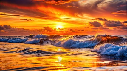 Beautiful ocean waves reflecting an orange glow of the evening sky , ocean, waves, sunset, evening, horizon, water, nature