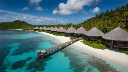 Tropical landscape, seascape panorama, water bungalows villas. Amazing sea reef beachfront. Exotic tourism destination.