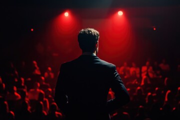 A speaker in a suit addresses an attentive audience from a stage, illuminated by dramatic red lighting in a darkened venue.