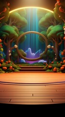 Naklejka premium A wooden platform with a circular archway leading to a waterfall and mountain landscape.