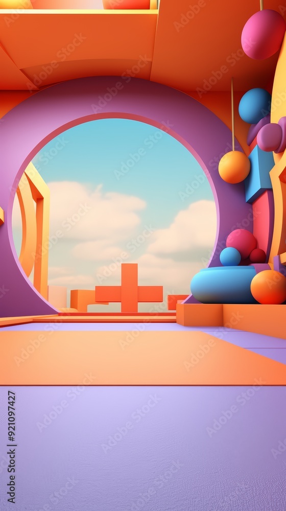 Poster abstract 3d render of a colorful room with a view.