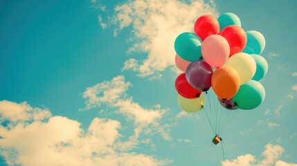 Balloon Lifting Off Aspiration and Freedom Isolated on nature Background ,Bunch of colorful balloons on blue sky background ,Vintage toned,A colorful array of balloons floating towards the sky