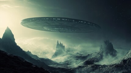 Obraz premium An Alien Spaceship Hovering Over a Foggy, Rocky Landscape