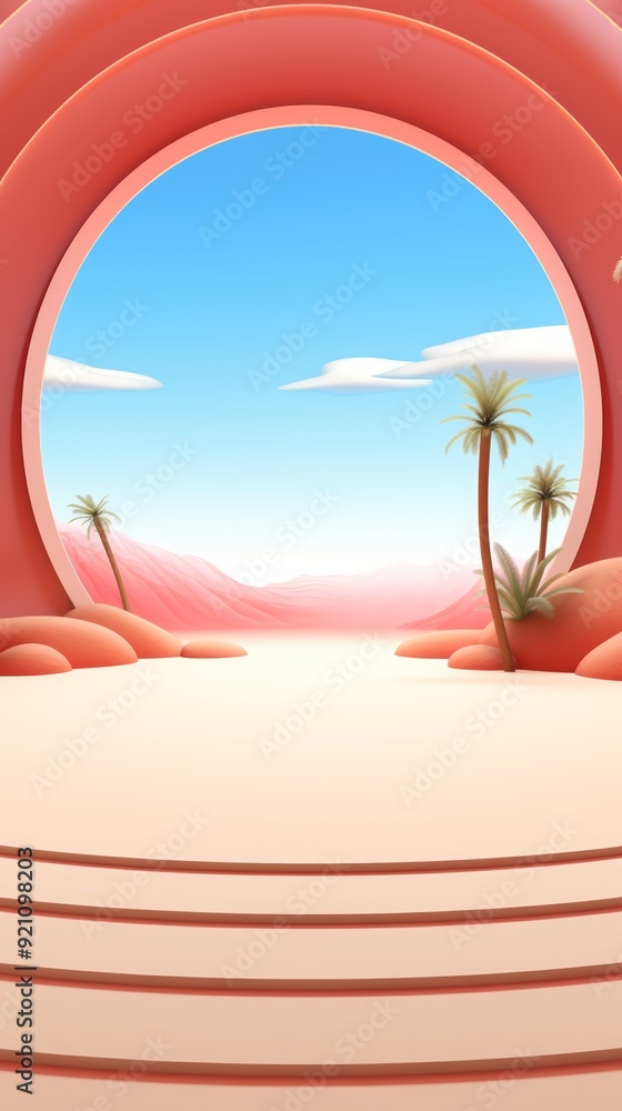 Poster abstract minimal scene with palm trees and a sky view through a circular window.