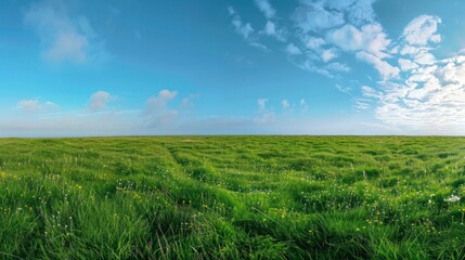 Fototapeta premium Beautiful panoramic natural landscape of meadow with grass and blue sky in spring, Green field,