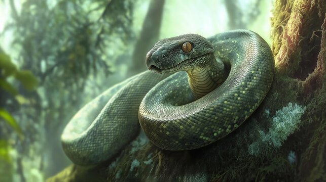 A close-up of a green tree python resting on a branch in a lush, tropical forest.