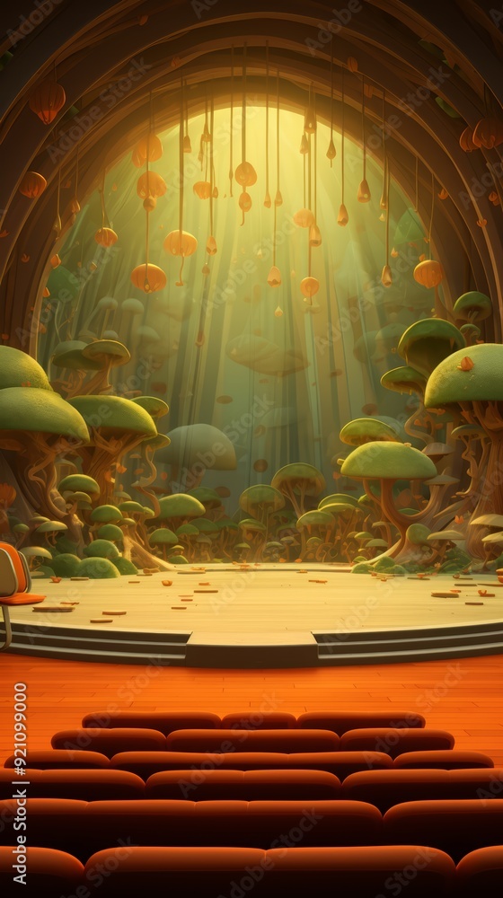 Poster an empty stage with a backdrop of a magical forest featuring rows of seats in front of it.