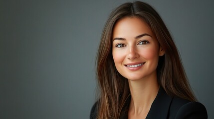 Fototapeta premium Confident Professional Woman: A portrait of a confident businesswoman with a warm smile and friendly gaze, radiating success and leadership. 