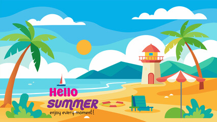 Summer beach scene banner design background