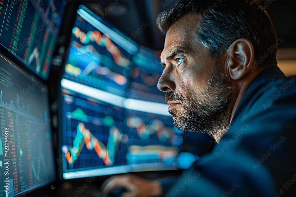 Poster close-up shot of a stock market broker analyzing graphs on multiple computer monitors in his office.