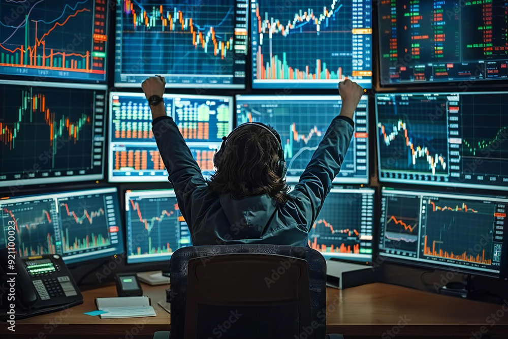 Poster photo capturing the rear view of a successful stock market trader sitting at a desk surrounded by mu