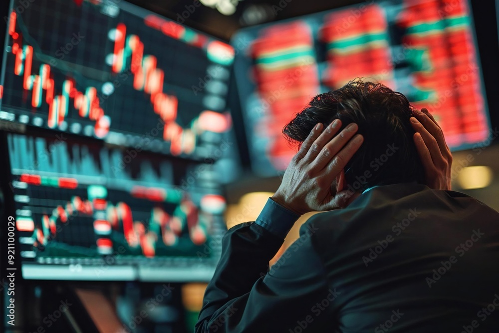 Poster photo of a stock trader with hands on head looking worried as graphs on screens show plummeting numb