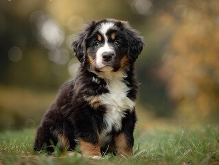 Adorable Bernese Mountain Dog Puppy Sitting on Grass in a Beautiful Outdoor Setting
