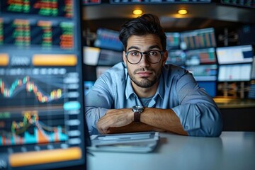 Obraz premium portrait of a confident stock market broker leaning on his desk in the office, surrounded by screens displaying trading data.