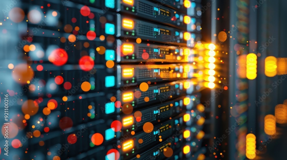 Poster server rack with bokeh lights