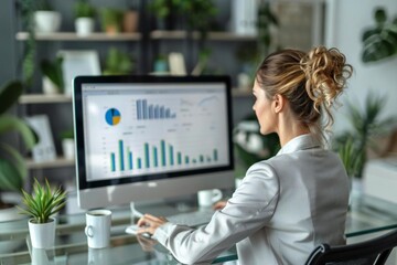 young businesswoman analyzing statistics data on her computer at a glass desk in an office setting.