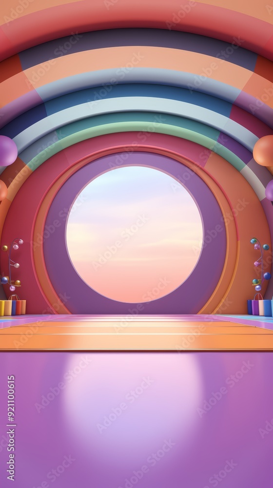 Poster colorful abstract background with a circular window and a pink floor.