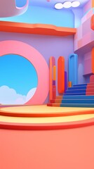 Fototapeta premium Colorful abstract 3D room interior with a circular window and a staircase with a bright blue sky.