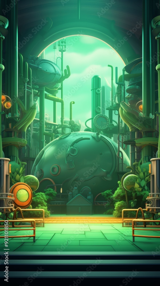 Poster futuristic green cityscape with large spherical building in the background, featuring a green paved 