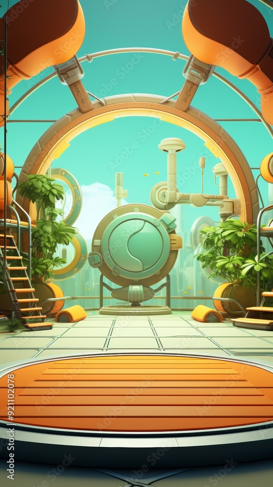 Aufkleber futuristic room with a circular window and a platform in the middle.