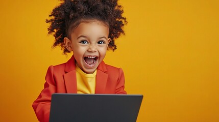 Joyful Tech Exploration: A young girl with curly hair beams with delight as she uses a laptop, showcasing the joy of learning and technology. 