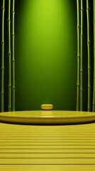 Green wall with bamboo and yellow podium.