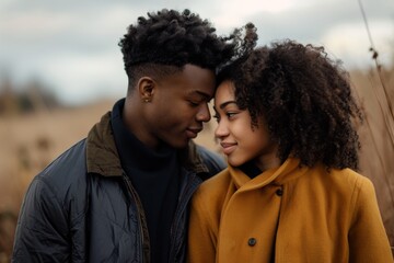 A young couple beams with joy in the woods, surrounded by trees and nature, capturing a moment of love and happiness. AI generated