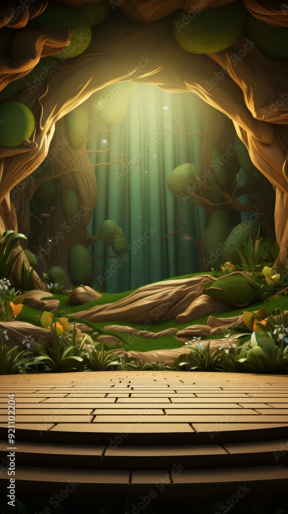 Poster magical forest path leading through a luminous archway with a stone platform.