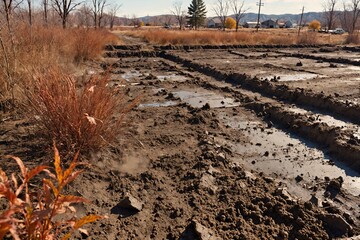 Fototapeta premium Contaminated soil in a rural area with dead vegetation