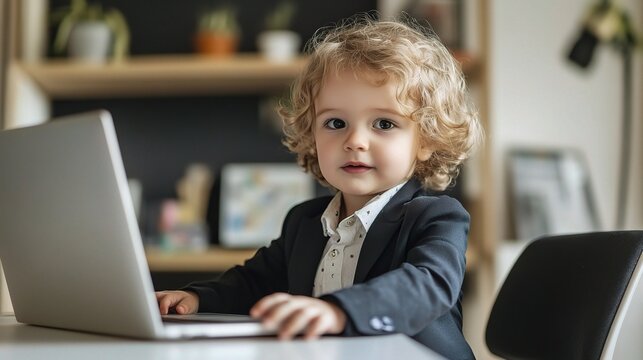 Mini CEO in the Making: A young boy dressed in a suit, engrossed in his work on a laptop.  - Powered by Adobe