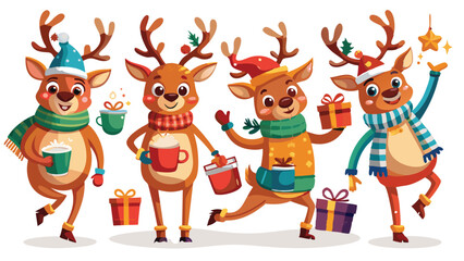 Fototapeta premium Christmas reindeer characters vector set design. Reindeer Christmas cute character in jumping, holding gift box, standing, coffee and wearing hat & scarf collection isolated in white background. Gener
