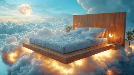 Bed Floating Above Fluffy Clouds With a Full Moon and Night Sky