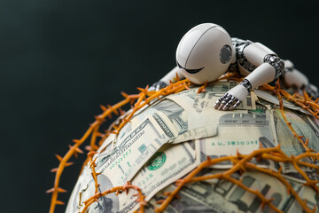 A robot with no face climbing on top of the globe made out of dollar bills, covered in thorny vines, dark sky background.