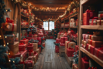 In a warm workshop of Santa Claus, colorful presents and toys fill the shelves, creating a magical atmosphere as preparations unfold for delivering joy to children around the world at Christmas