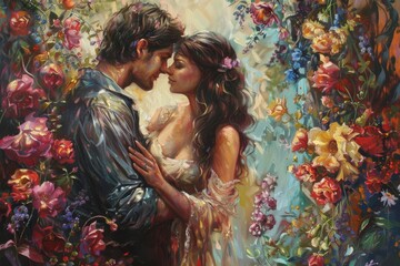 A serene painting of a couple kissing, enveloped by a picturesque field adorned with blooming flowers, A husband and wife sharing a tender moment in their garden, surrounded by blooming flowers.