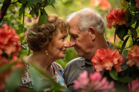 A serene painting of a couple kissing, enveloped by a picturesque field adorned with blooming flowers, A husband and wife sharing a tender moment in their garden, surrounded by blooming flowers.