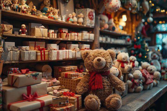Shelves brim with wrapped gifts and toys, creating a magical atmosphere of joy and wonder for children around the world in a workshop of Santa at Christmas