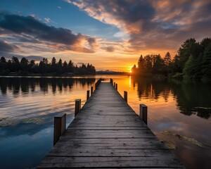 Fototapeta premium A serene sunset over a calm lake with a wooden dock extending into the water.