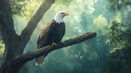 Fototapeta premium Majestic Bald Eagle Perched on a Branch in a Misty Forest