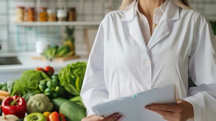 Nutritionist in a lab coat holding a notebook in a kitchen filled with fresh vegetables. Professional scene emphasizing healthy eating, diet planning, and nutritional expertise. 