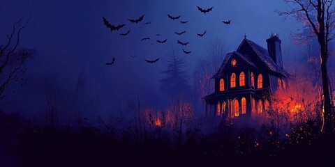 Halloween night with a spooky house and bat