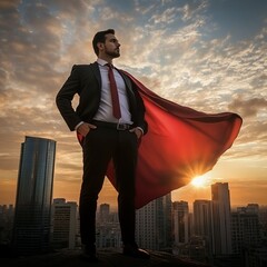 "Heroic Businessman Against Skyline"