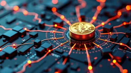 Decentralized Finance: Gold Bitcoin Coin at the Center of a Digital Network